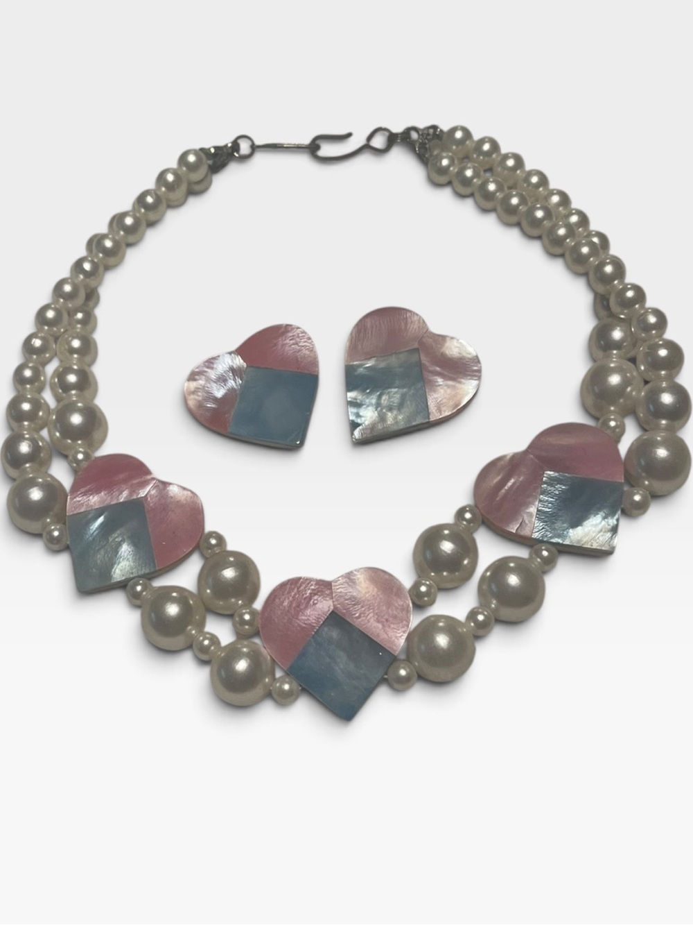 Faux Pearl Heart Statement Necklace & Earrings Set Pink Blue Shell Inlay Y2K